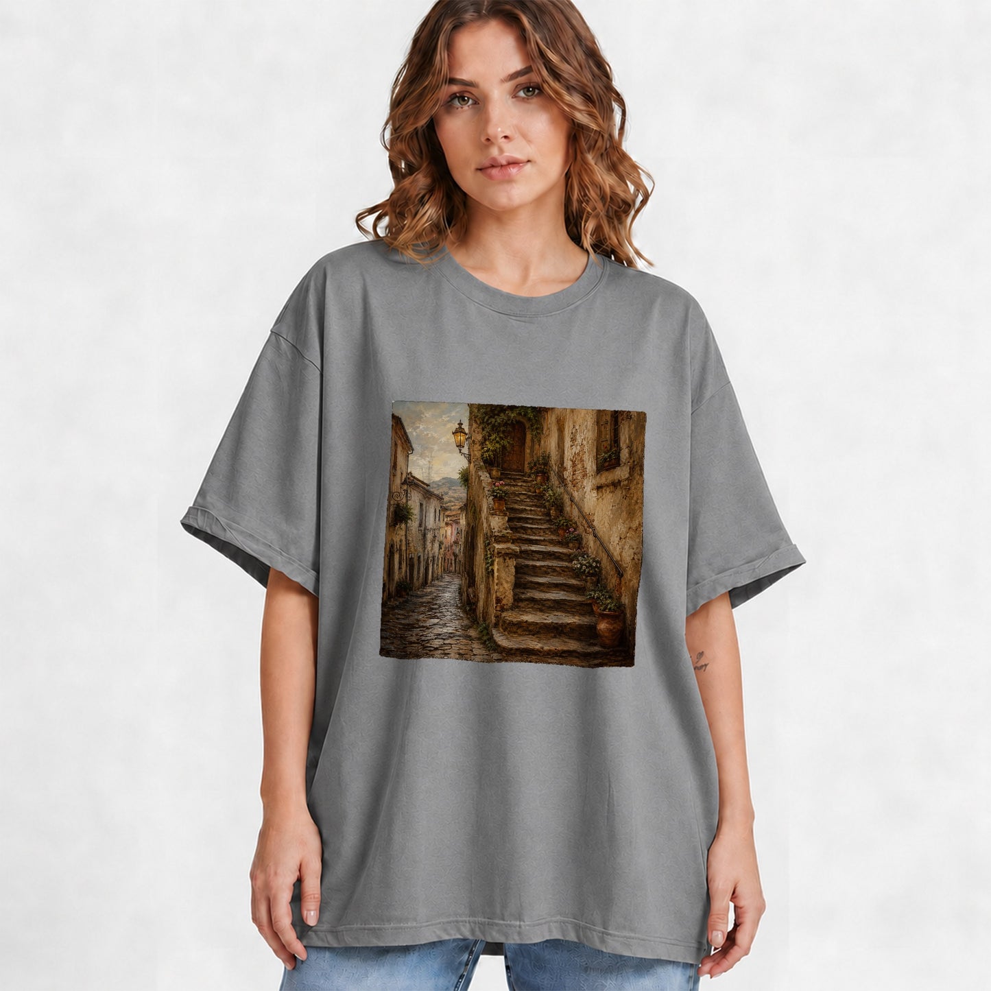 #pl[Gray] Old Village Staircase Graphic T-Shirt, Rustic European Street Art