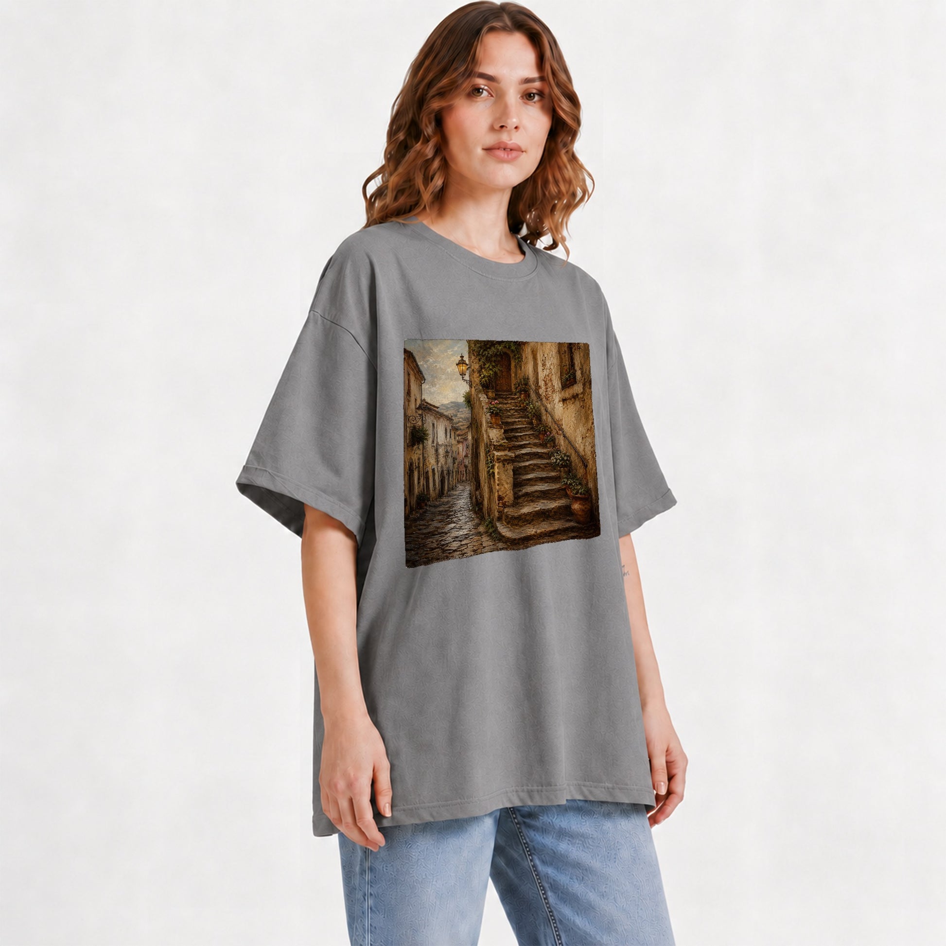 #pl[Gray] Old Village Staircase Graphic T-Shirt, Rustic European Street Art