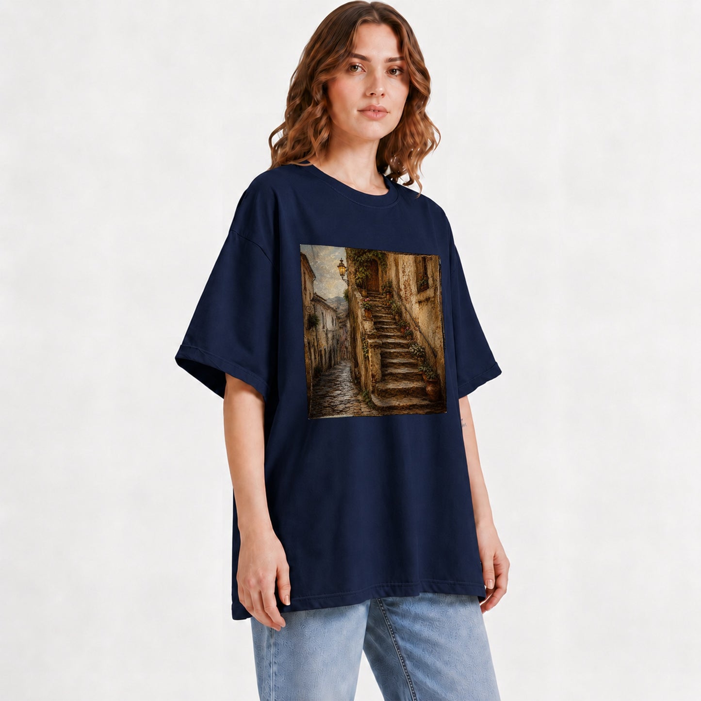 #pl[Navy] Old Village Staircase Graphic T-Shirt, Rustic European Street Art