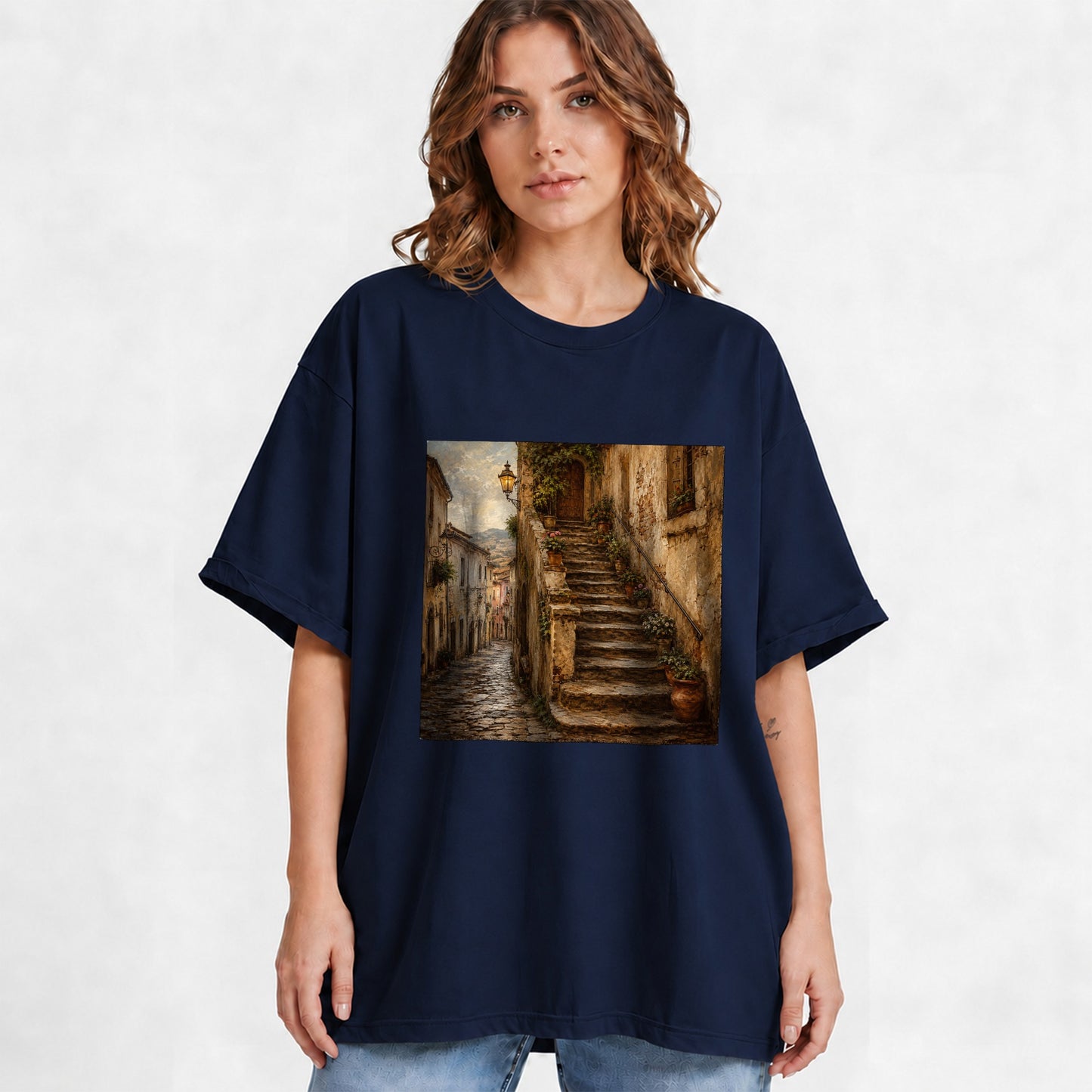 #pl[Navy] Old Village Staircase Graphic T-Shirt, Rustic European Street Art