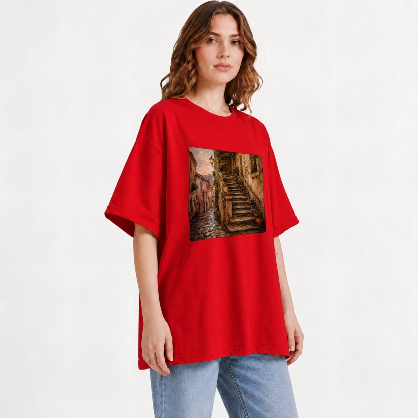 #pl[Red] Old Village Staircase Graphic T-Shirt, Rustic European Street Art