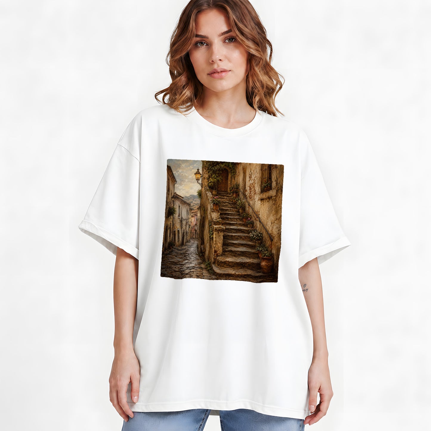 #pl[White] Old Village Staircase Graphic T-Shirt, Rustic European Street Art