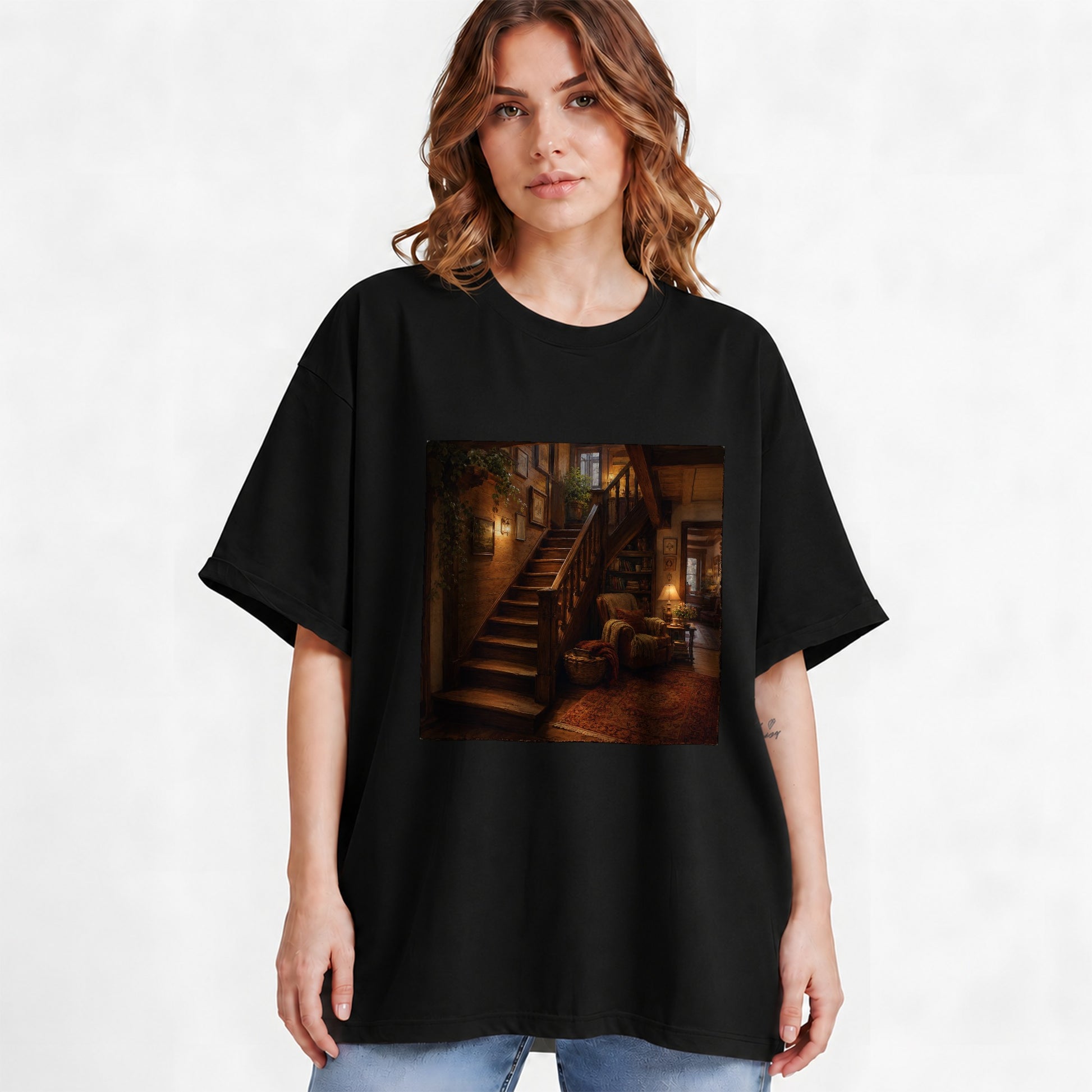 #pl[Black] Cozy Wooden Staircase Graphic T-Shirt, Warm Cottage Interior Art