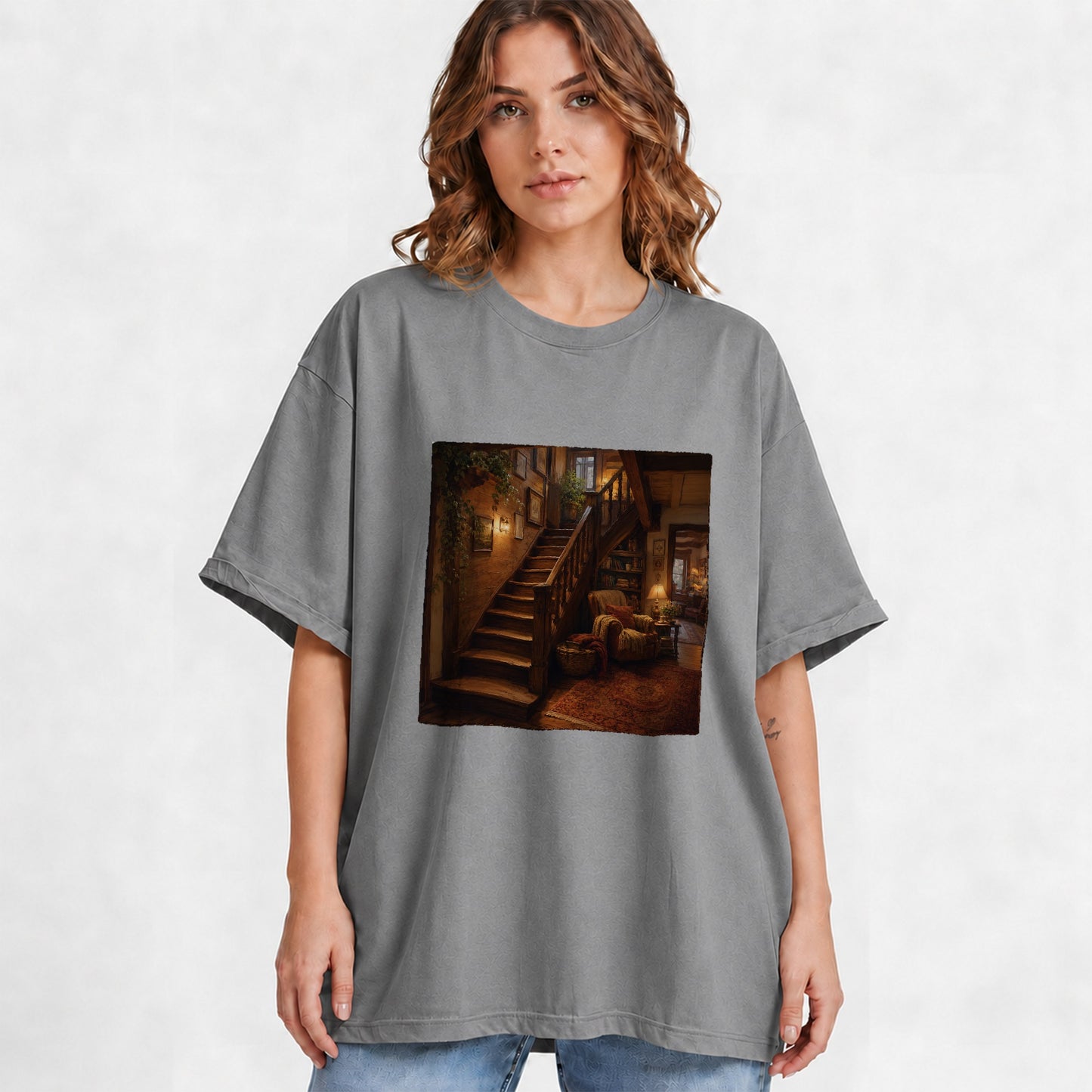 #pl[Gray] Cozy Wooden Staircase Graphic T-Shirt, Warm Cottage Interior Art