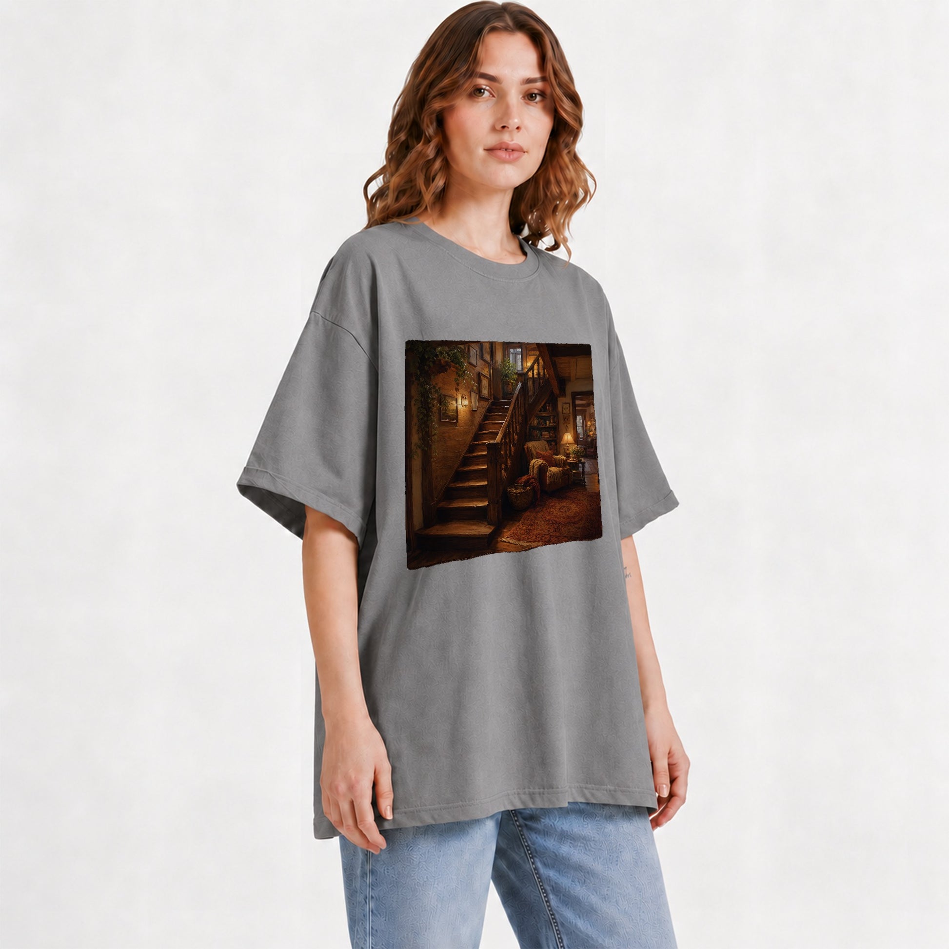 #pl[Gray] Cozy Wooden Staircase Graphic T-Shirt, Warm Cottage Interior Art