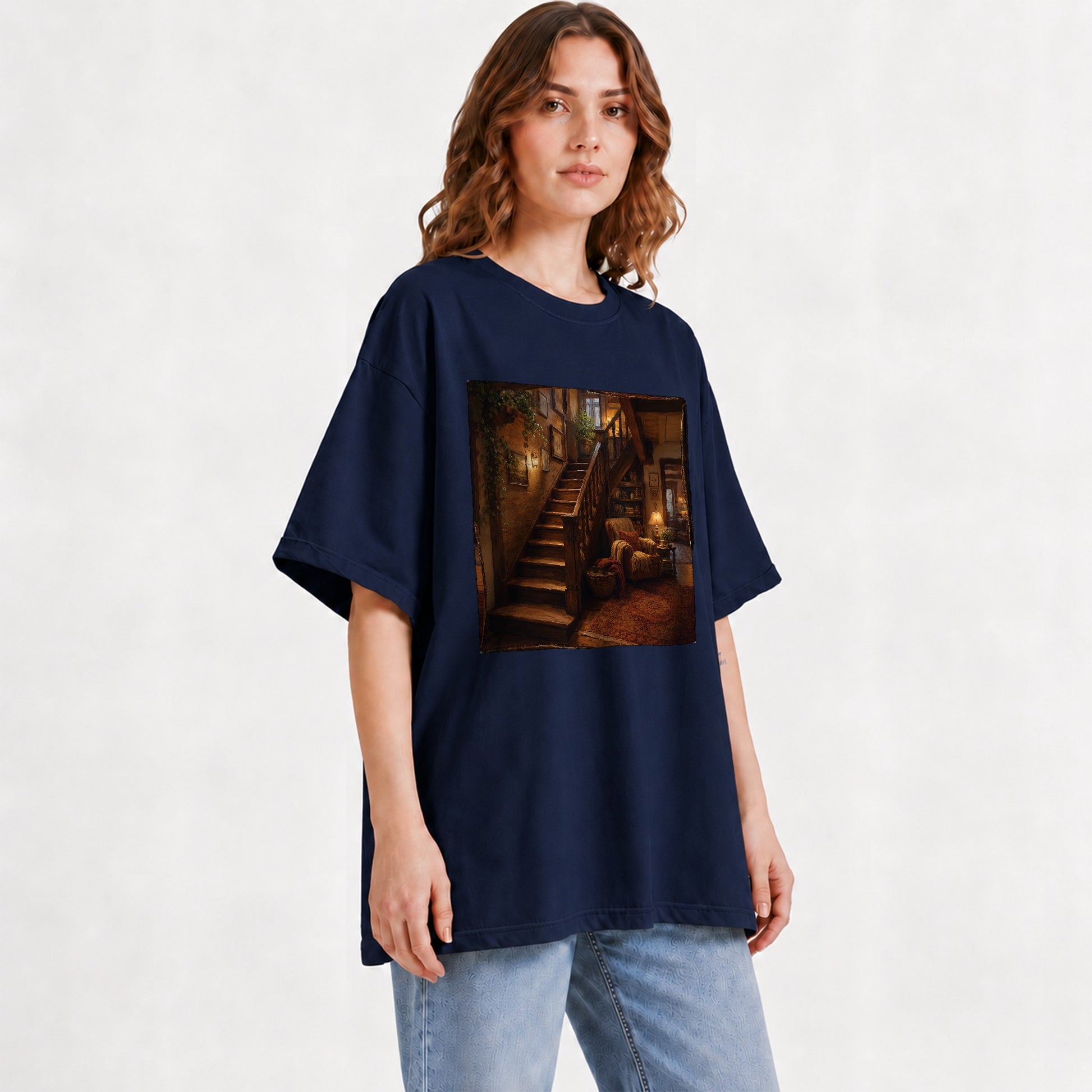 #pl[Navy] Cozy Wooden Staircase Graphic T-Shirt, Warm Cottage Interior Art