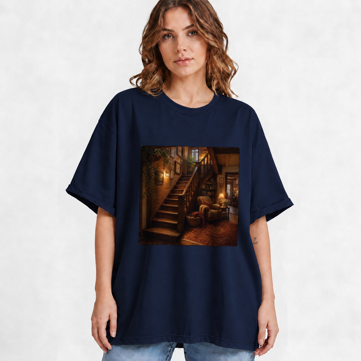 #pl[Navy] Cozy Wooden Staircase Graphic T-Shirt, Warm Cottage Interior Art
