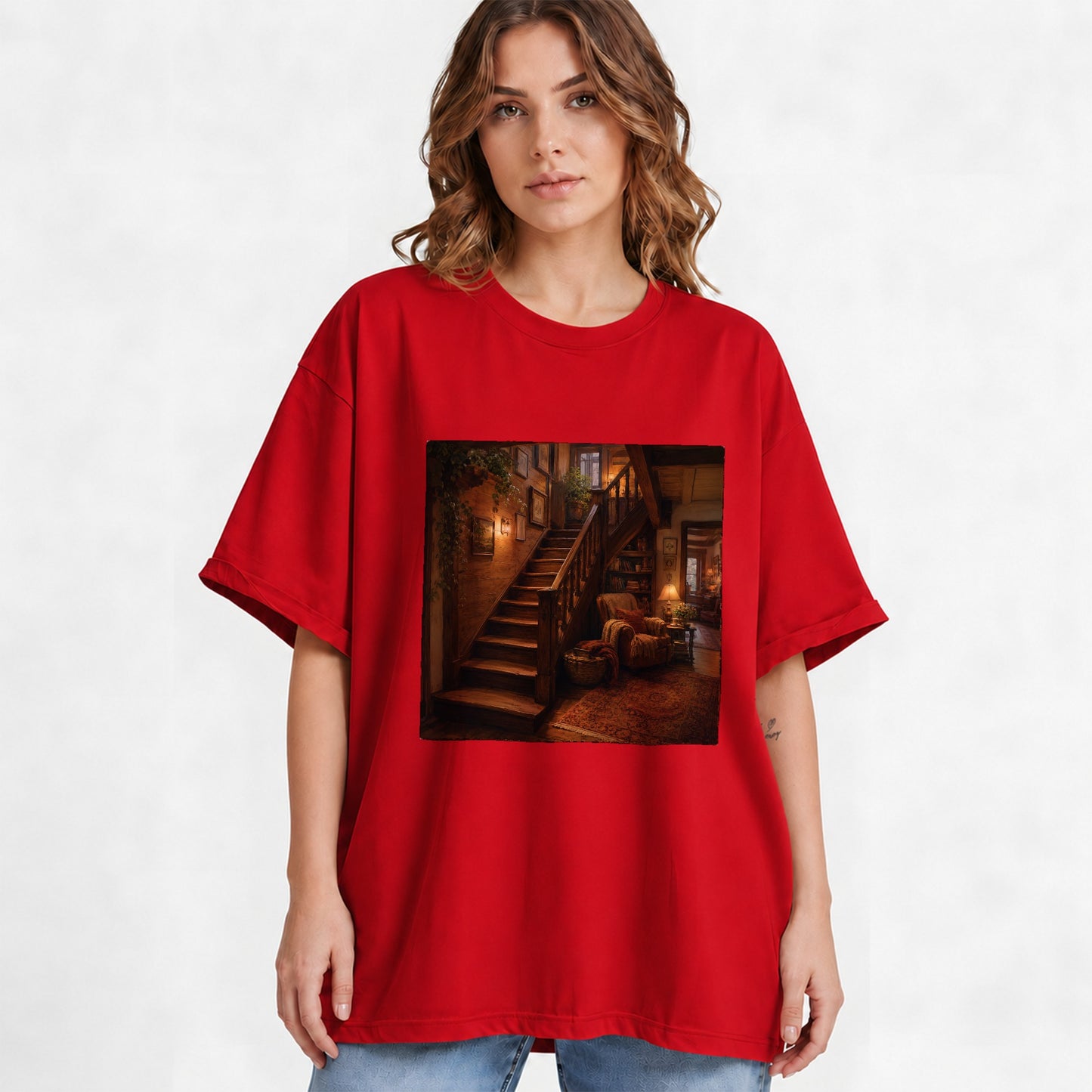 #pl[Red] Cozy Wooden Staircase Graphic T-Shirt, Warm Cottage Interior Art
