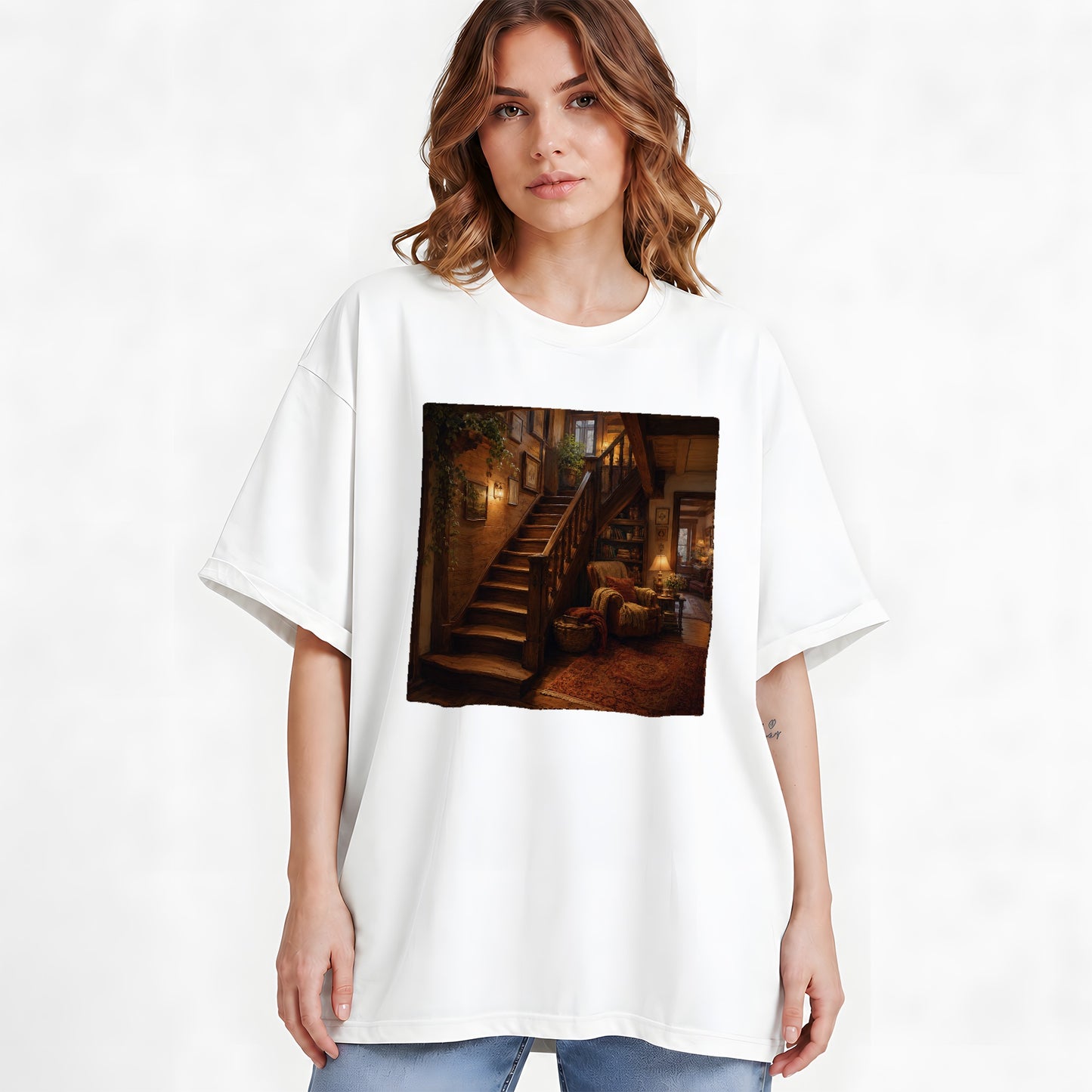 #pl[White] Cozy Wooden Staircase Graphic T-Shirt, Warm Cottage Interior Art