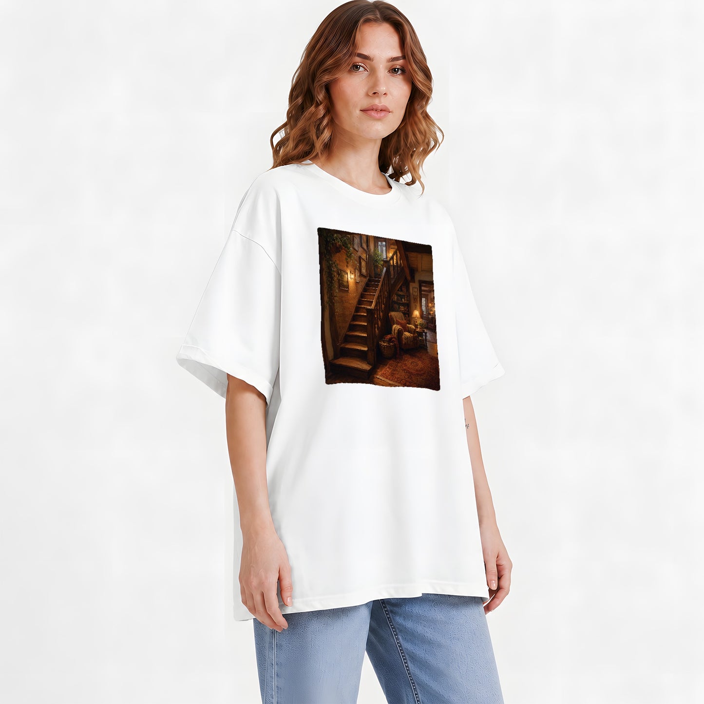 #pl[White] Cozy Wooden Staircase Graphic T-Shirt, Warm Cottage Interior Art