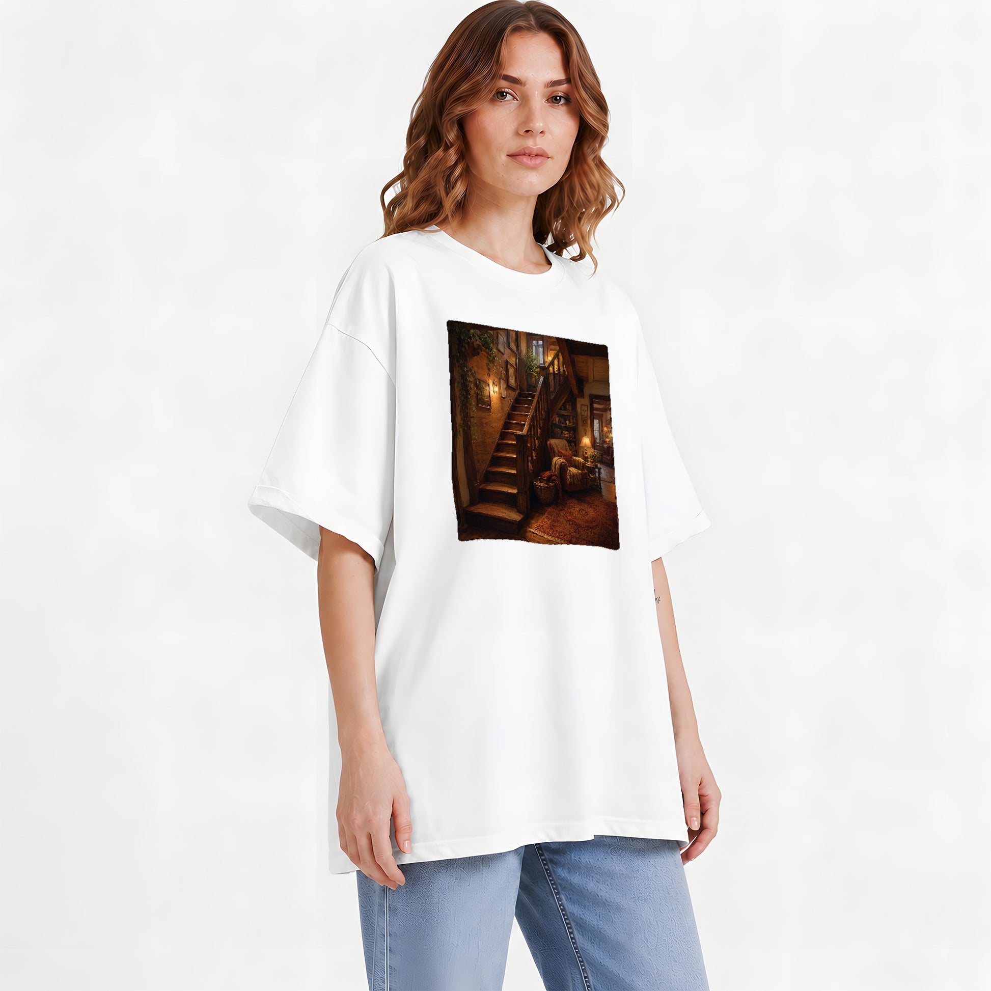 #pl[White] Cozy Wooden Staircase Graphic T-Shirt, Warm Cottage Interior Art