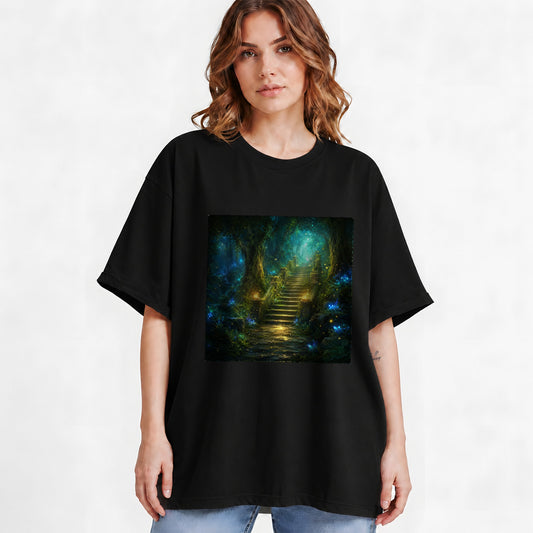 #pl[Black] Enchanted Forest Stairway Graphic T-Shirt, Fantasy Woodland Art