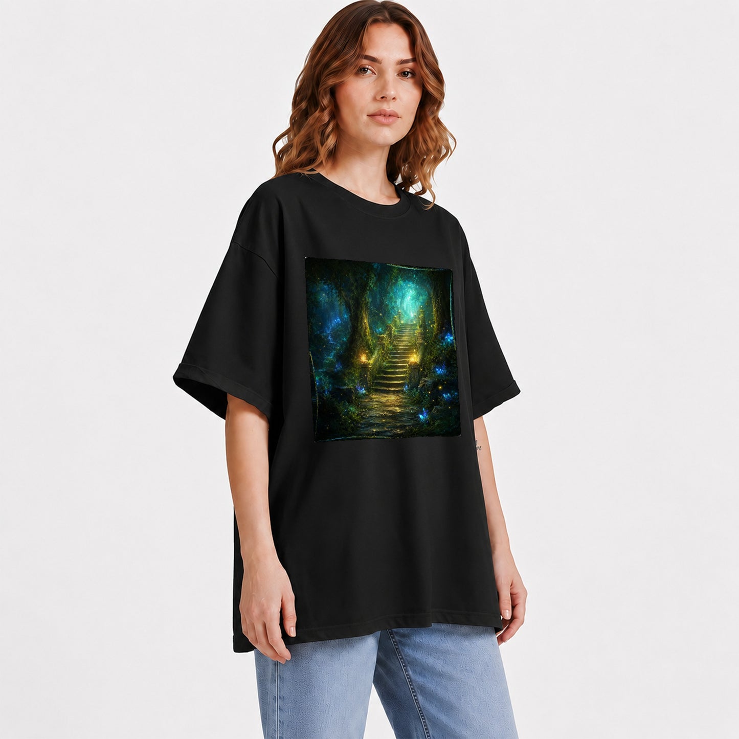 #pl[Black] Enchanted Forest Stairway Graphic T-Shirt, Fantasy Woodland Art
