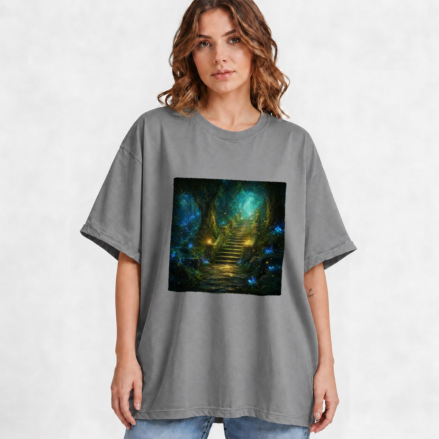#pl[Gray] Enchanted Forest Stairway Graphic T-Shirt, Fantasy Woodland Art