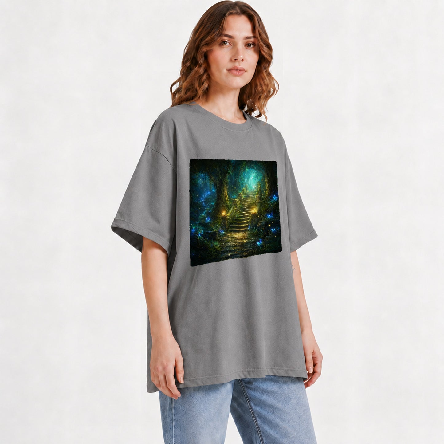 #pl[Gray] Enchanted Forest Stairway Graphic T-Shirt, Fantasy Woodland Art