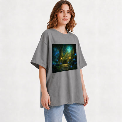 #pl[Gray] Enchanted Forest Stairway Graphic T-Shirt, Fantasy Woodland Art