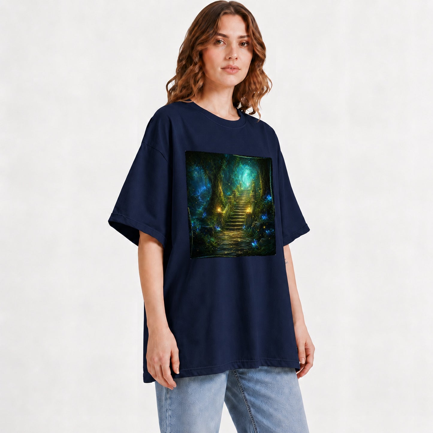 #pl[Navy] Enchanted Forest Stairway Graphic T-Shirt, Fantasy Woodland Art