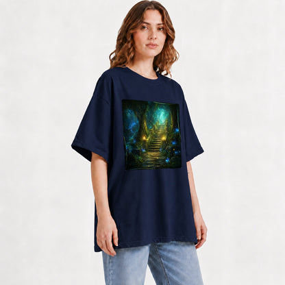 #pl[Navy] Enchanted Forest Stairway Graphic T-Shirt, Fantasy Woodland Art