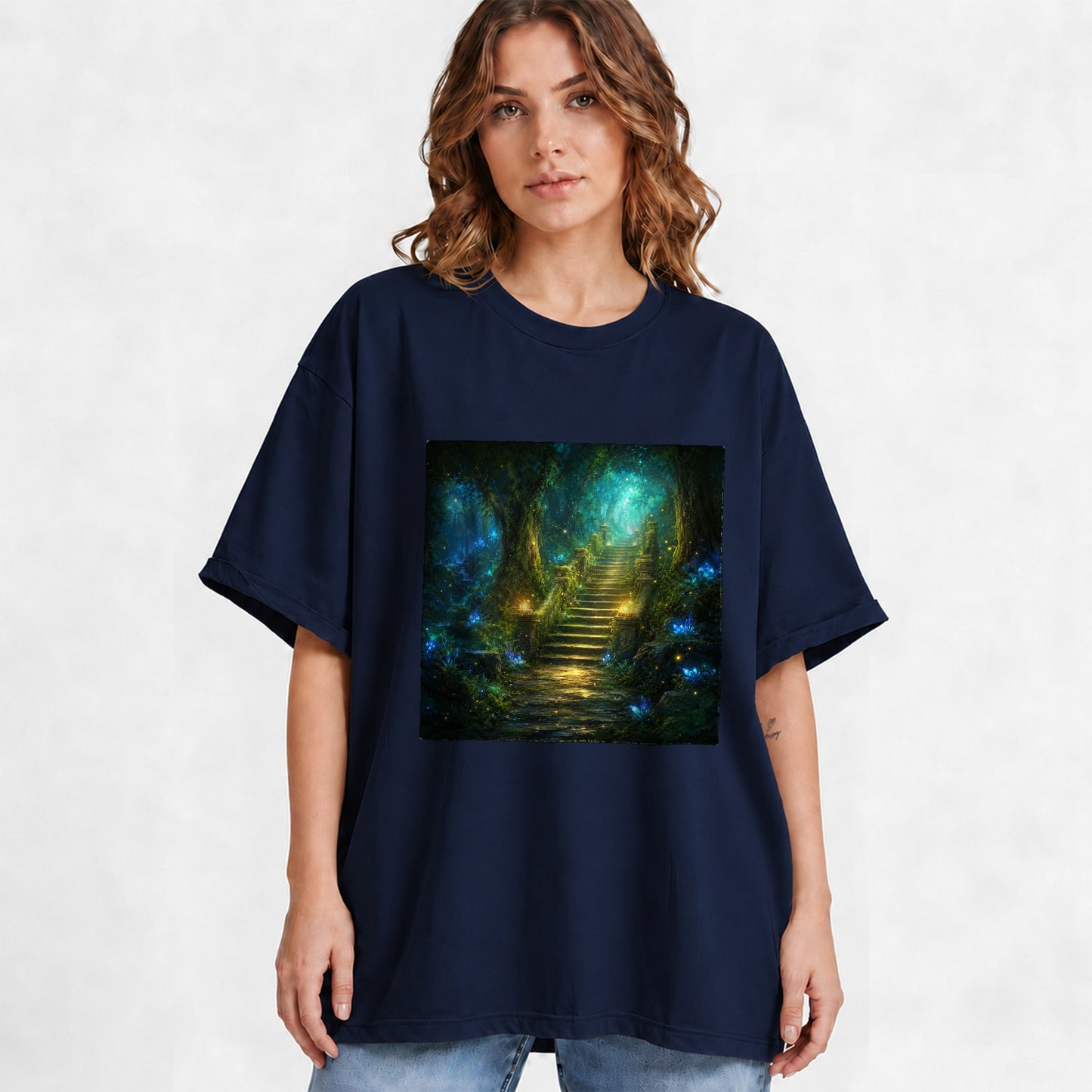 #pl[Navy] Enchanted Forest Stairway Graphic T-Shirt, Fantasy Woodland Art