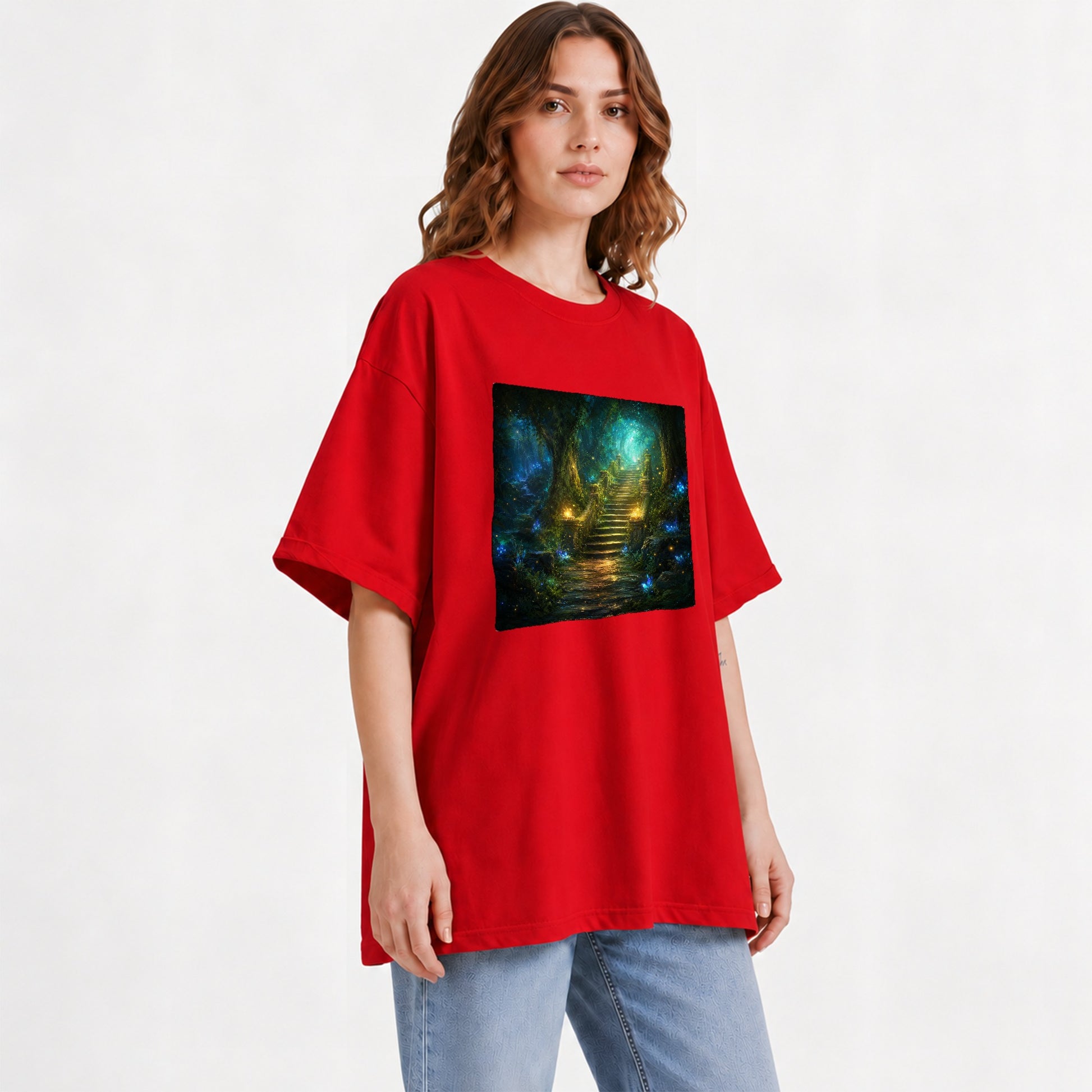 #pl[Red] Enchanted Forest Stairway Graphic T-Shirt, Fantasy Woodland Art
