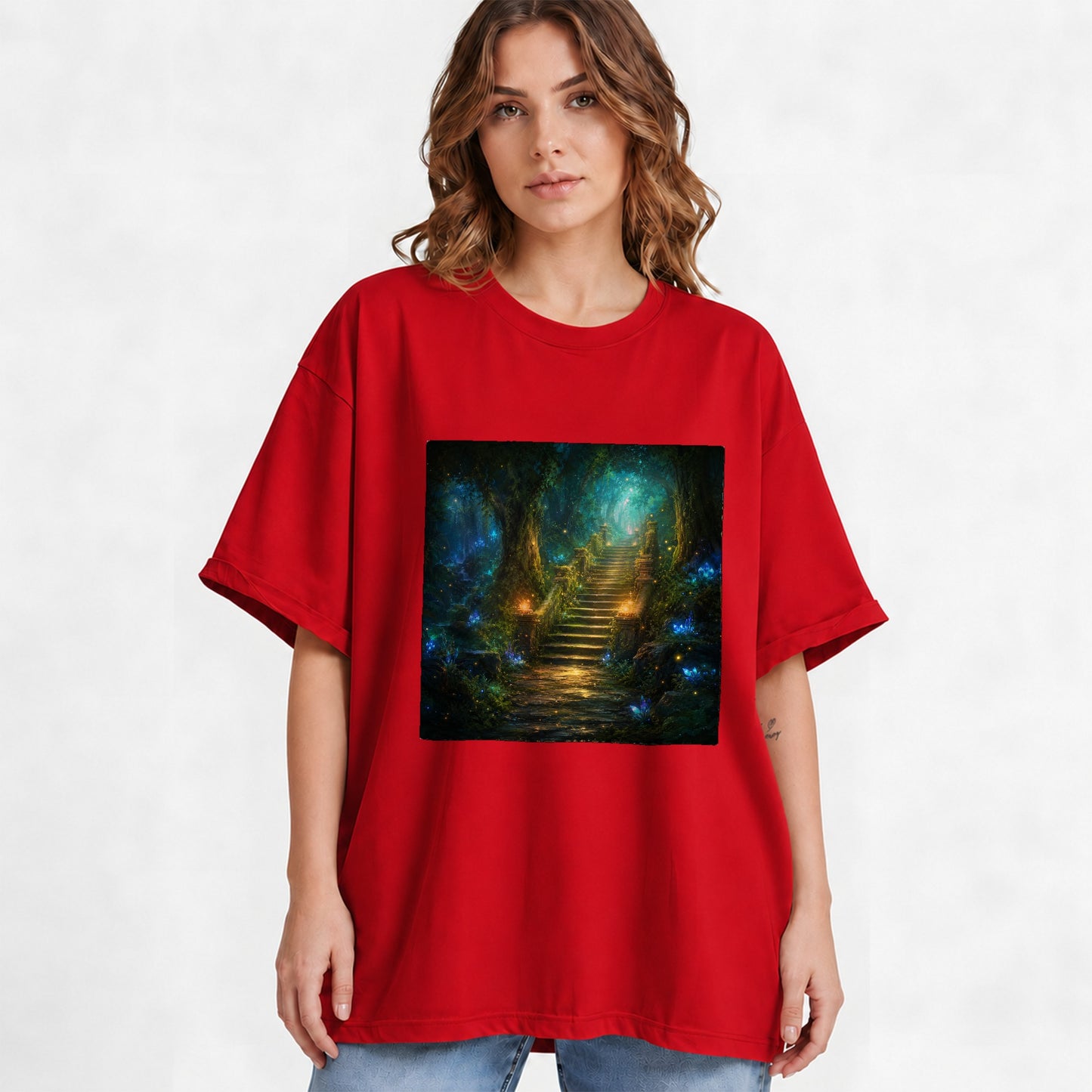 #pl[Red] Enchanted Forest Stairway Graphic T-Shirt, Fantasy Woodland Art