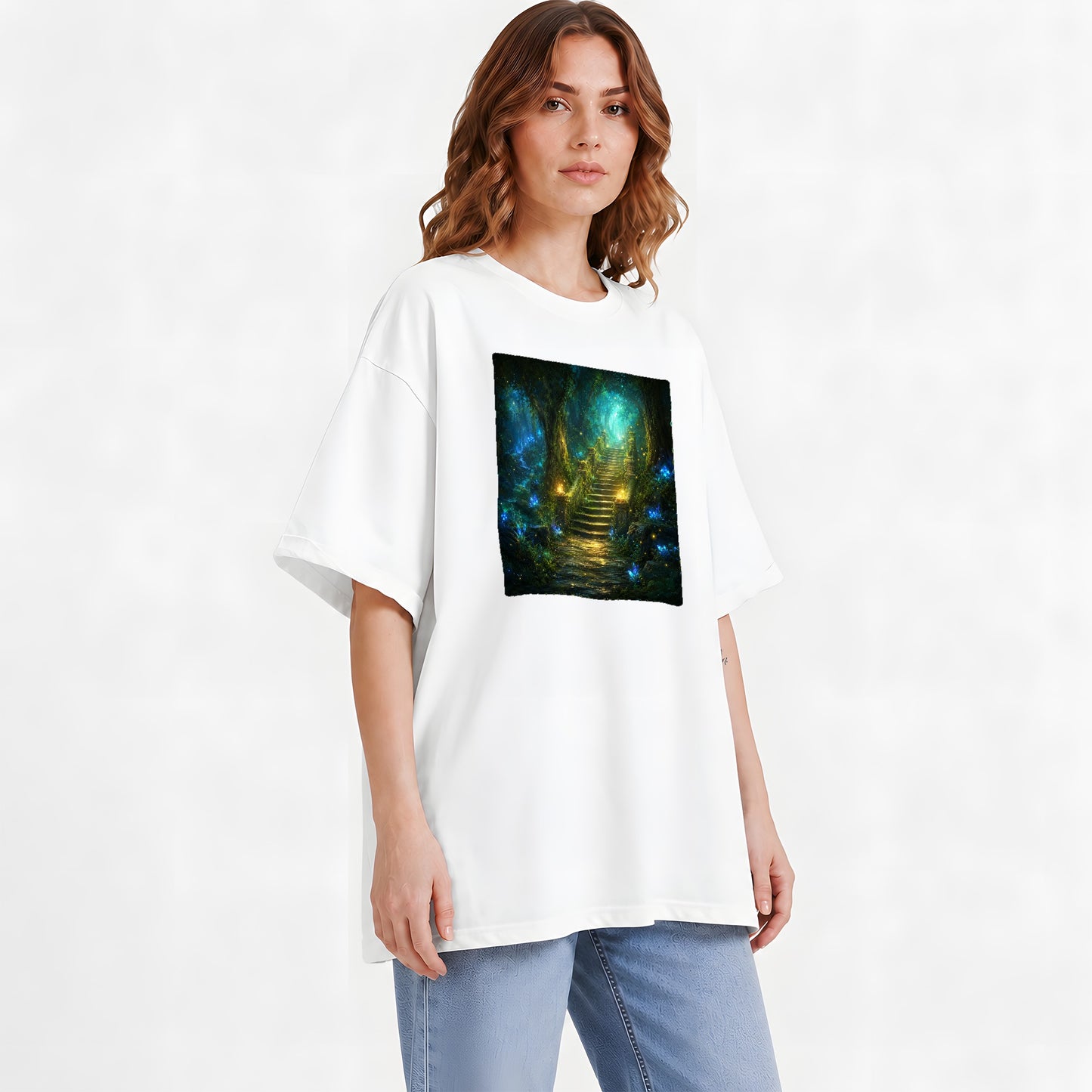 #pl[White] Enchanted Forest Stairway Graphic T-Shirt, Fantasy Woodland Art
