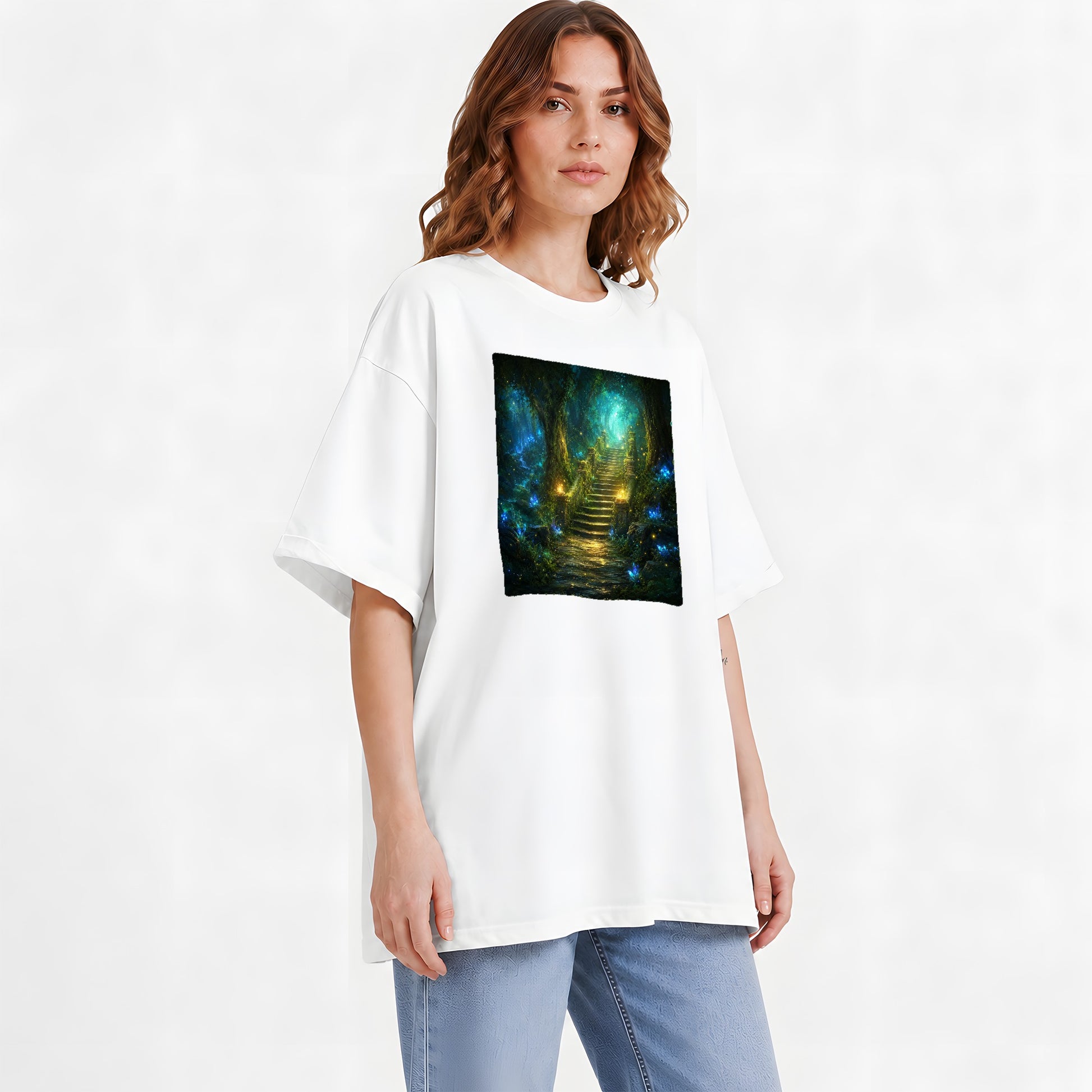#pl[White] Enchanted Forest Stairway Graphic T-Shirt, Fantasy Woodland Art