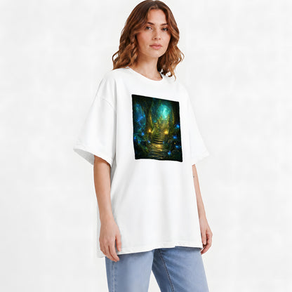 #pl[White] Enchanted Forest Stairway Graphic T-Shirt, Fantasy Woodland Art