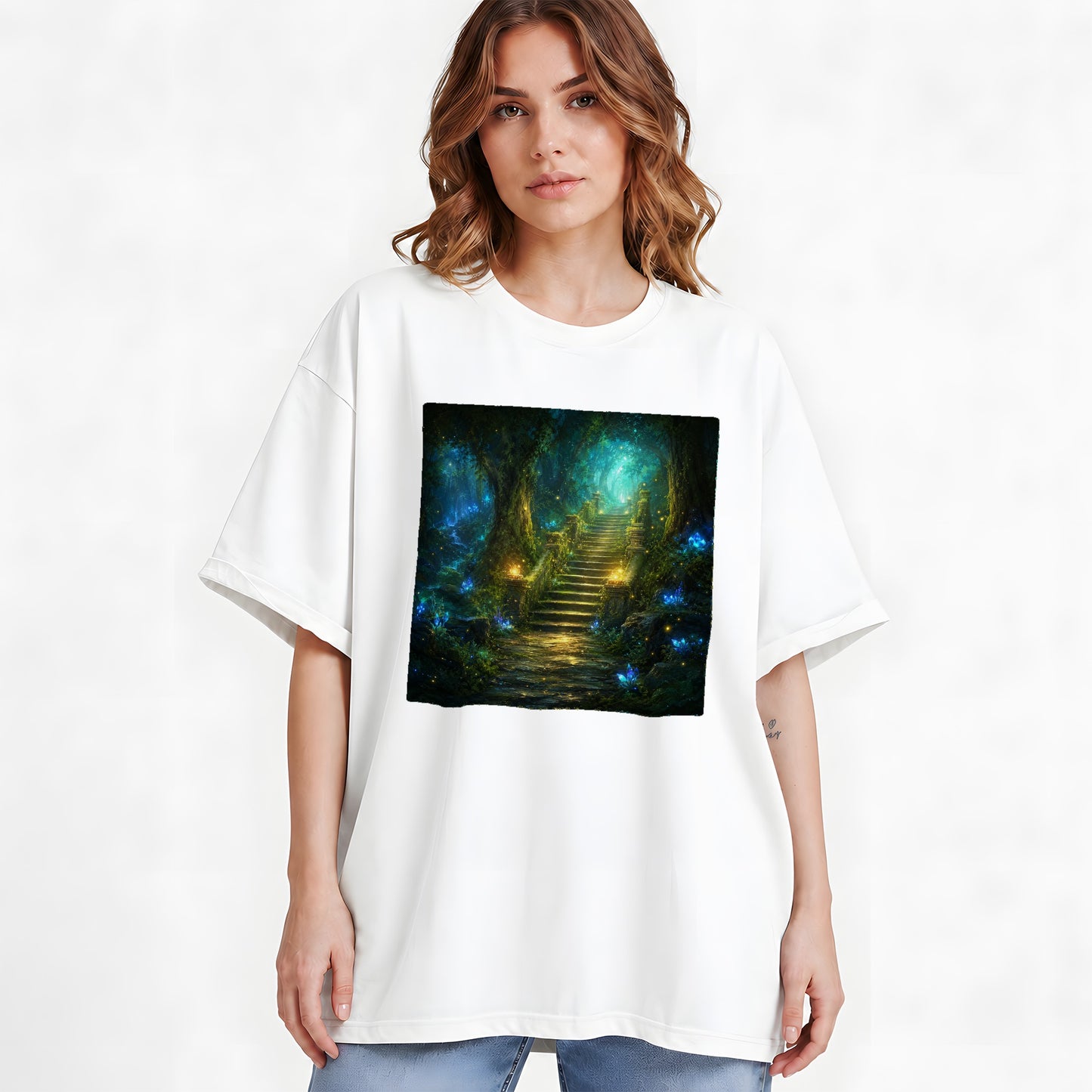 #pl[White] Enchanted Forest Stairway Graphic T-Shirt, Fantasy Woodland Art