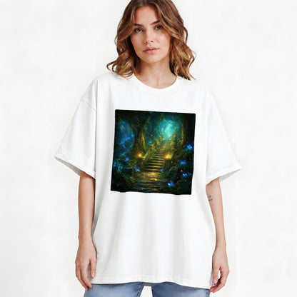 #pl[White] Enchanted Forest Stairway Graphic T-Shirt, Fantasy Woodland Art