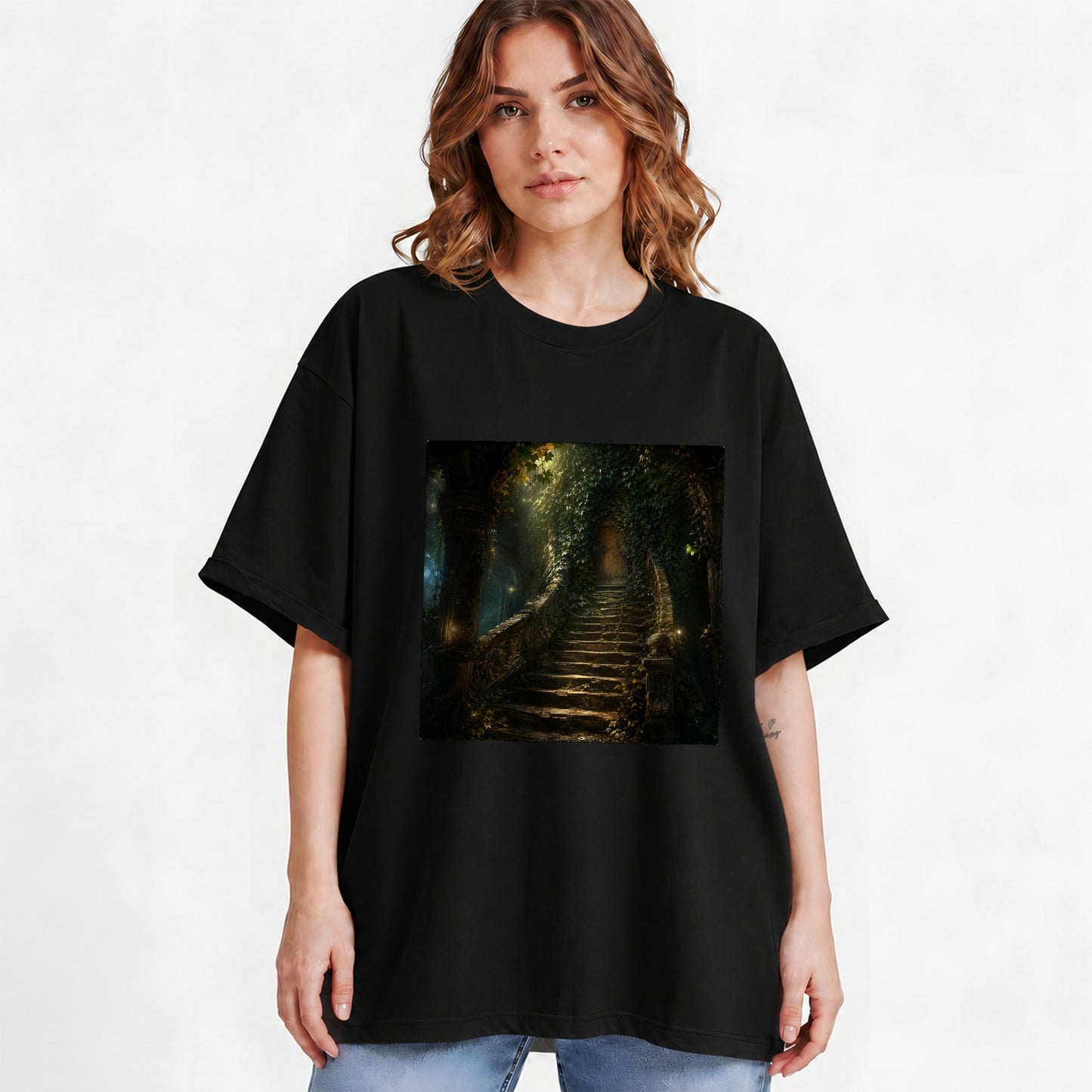 #pl[Black] Ivy Hidden Staircase Graphic T-Shirt, Mystic Garden Door Art