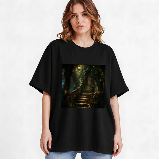 #pl[Black] Ivy Hidden Staircase Graphic T-Shirt, Mystic Garden Door Art