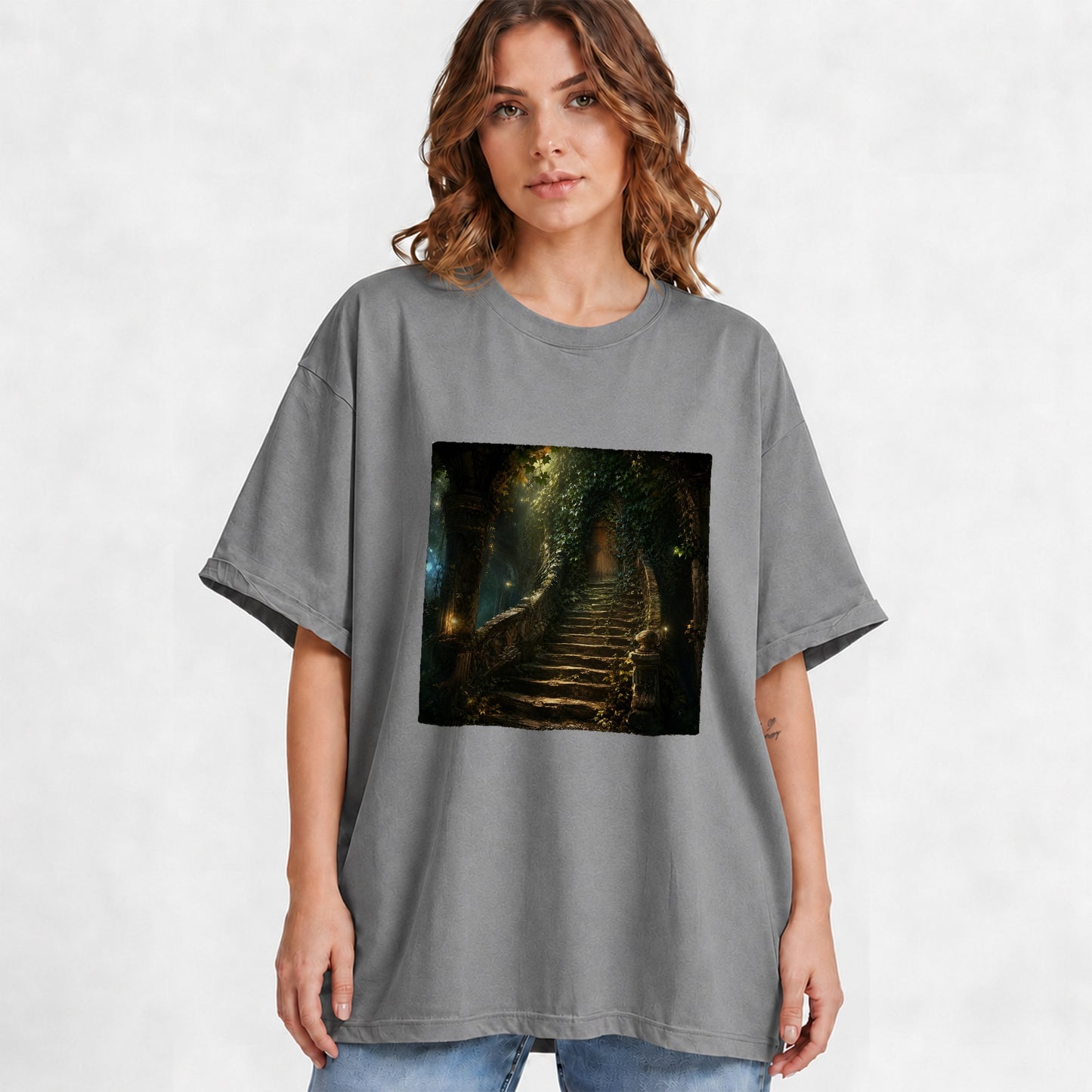 #pl[Gray] Ivy Hidden Staircase Graphic T-Shirt, Mystic Garden Door Art