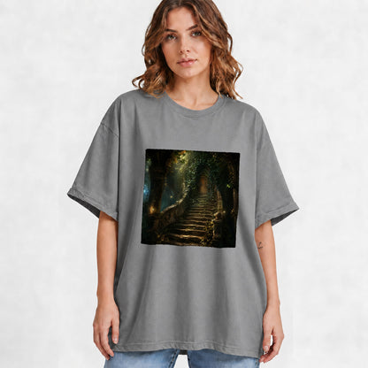 #pl[Gray] Ivy Hidden Staircase Graphic T-Shirt, Mystic Garden Door Art