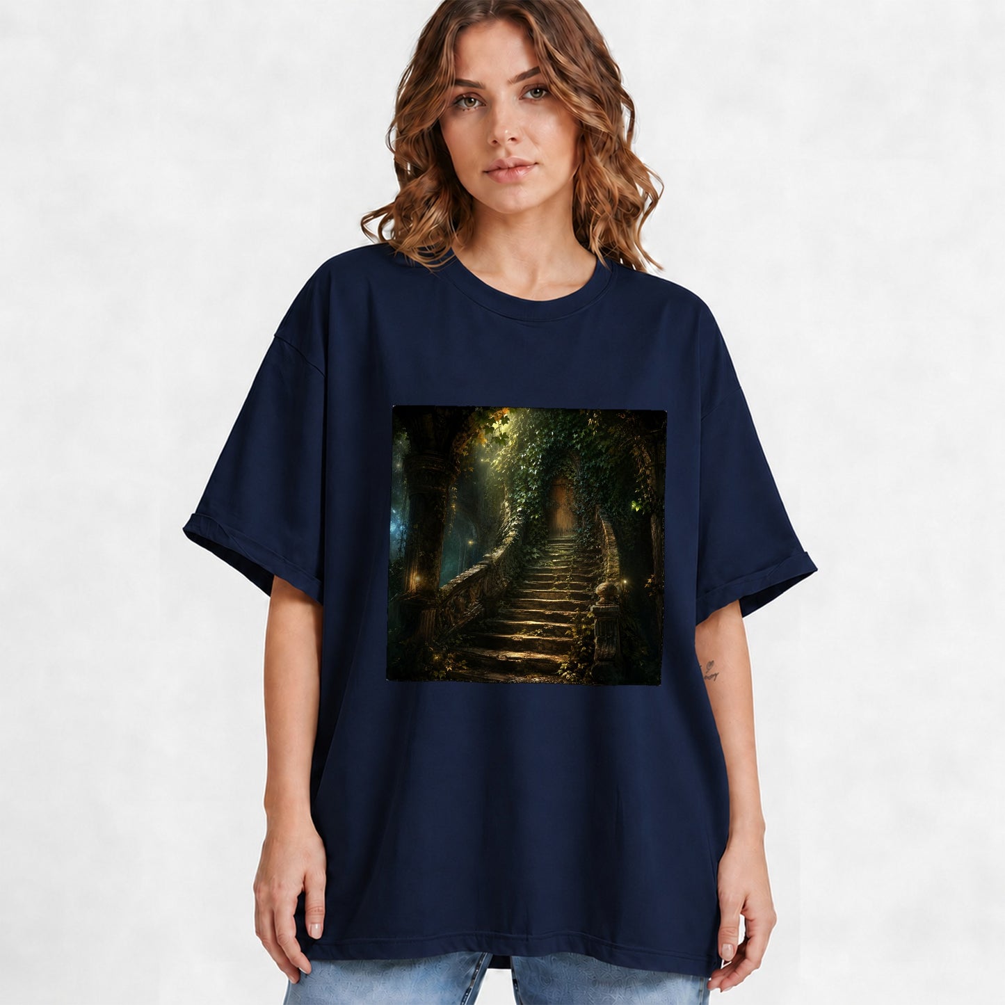 #pl[Navy] Ivy Hidden Staircase Graphic T-Shirt, Mystic Garden Door Art