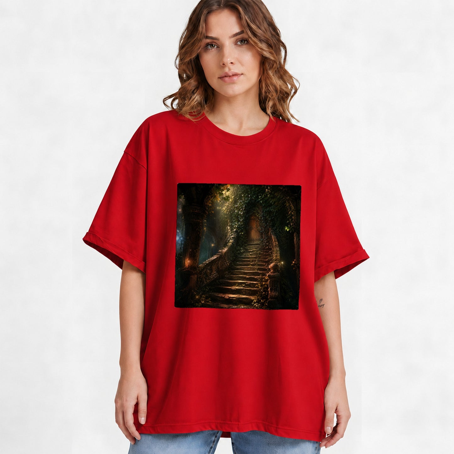 #pl[Red] Ivy Hidden Staircase Graphic T-Shirt, Mystic Garden Door Art