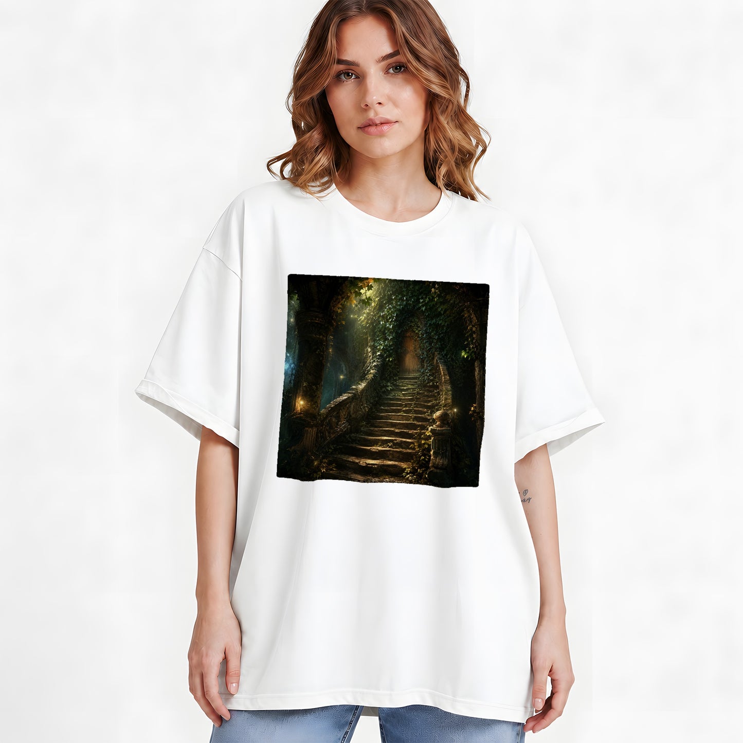 #pl[White] Ivy Hidden Staircase Graphic T-Shirt, Mystic Garden Door Art