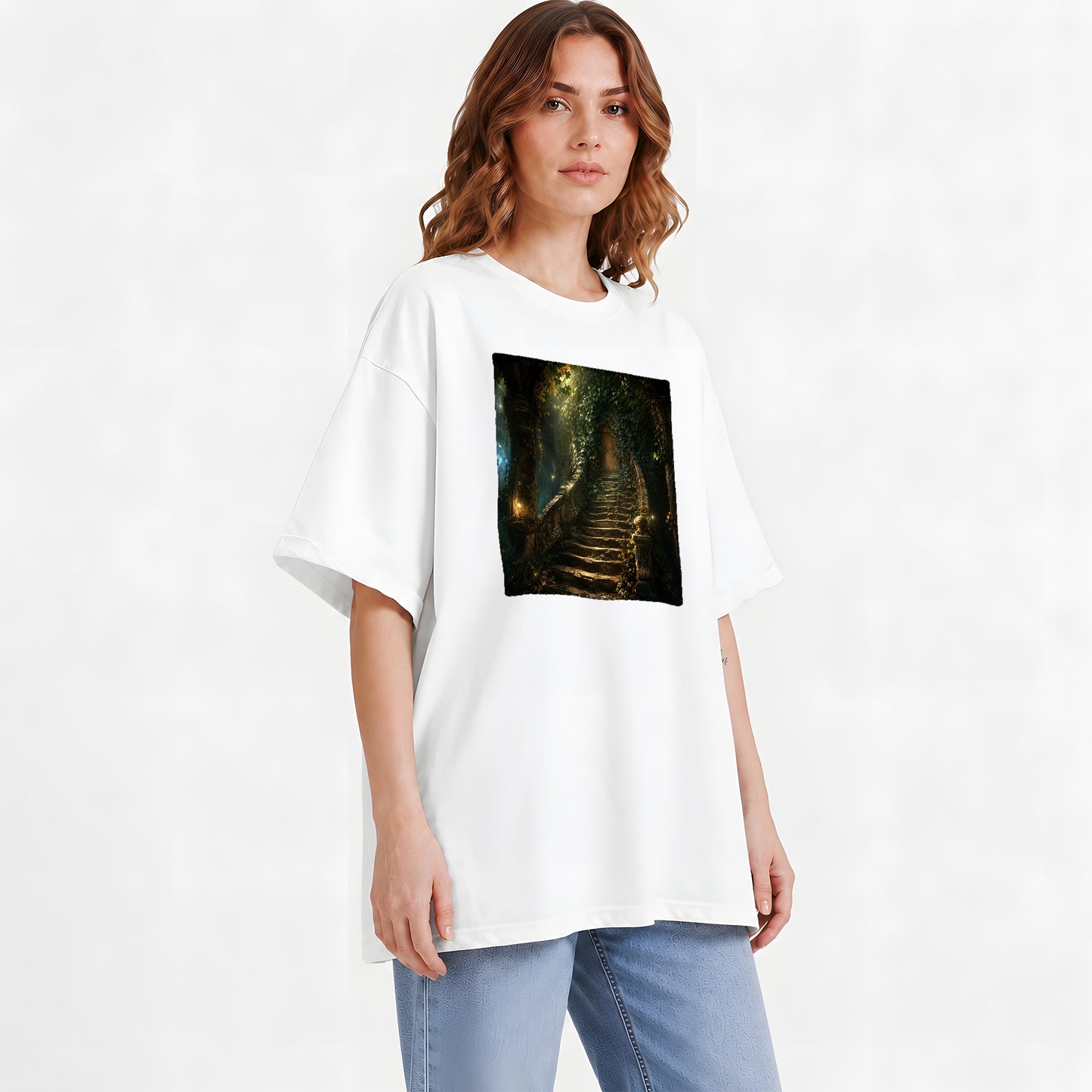 #pl[White] Ivy Hidden Staircase Graphic T-Shirt, Mystic Garden Door Art