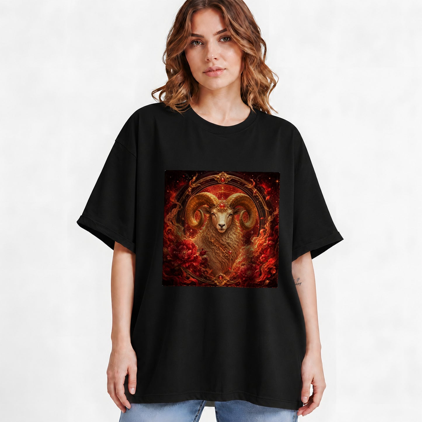 #pl[Black] Aries Ram Graphic T-Shirt, Fiery Zodiac Celestial Floral Art