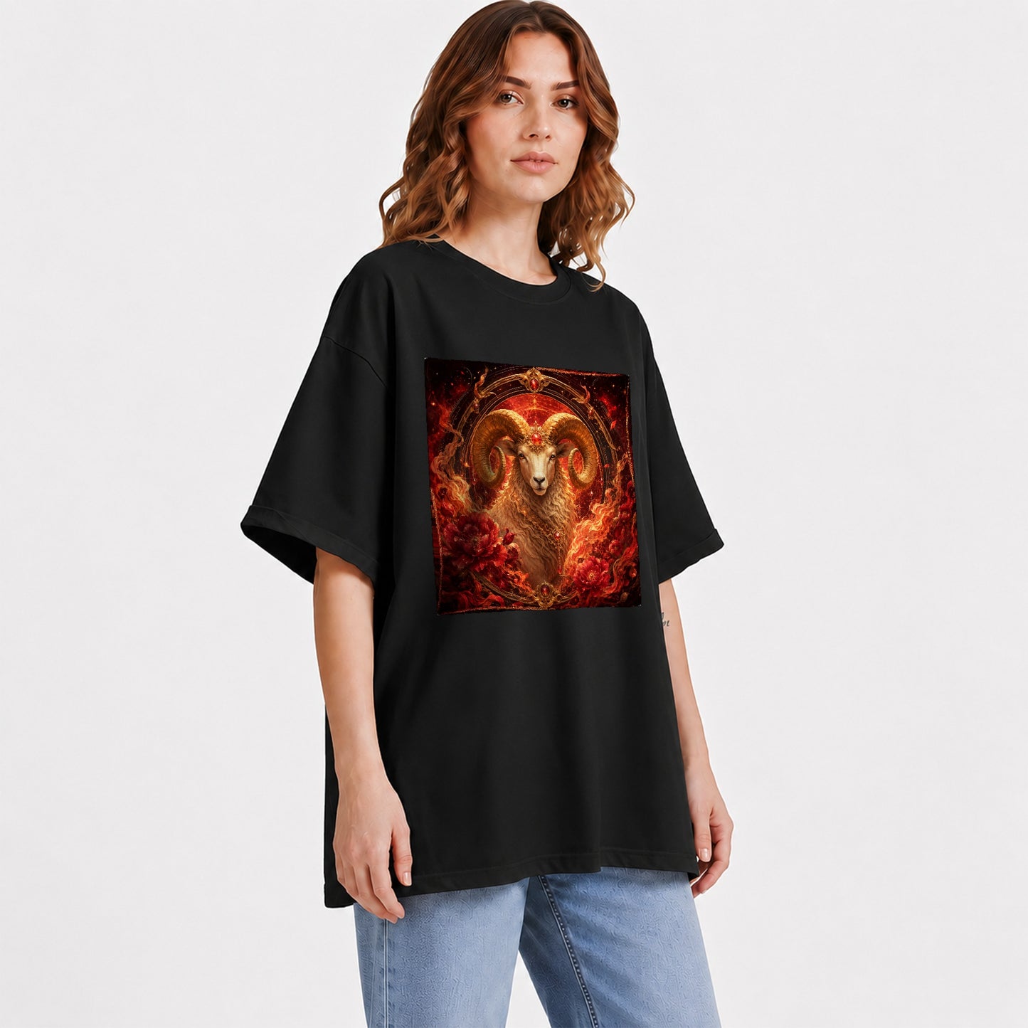 #pl[Black] Aries Ram Graphic T-Shirt, Fiery Zodiac Celestial Floral Art