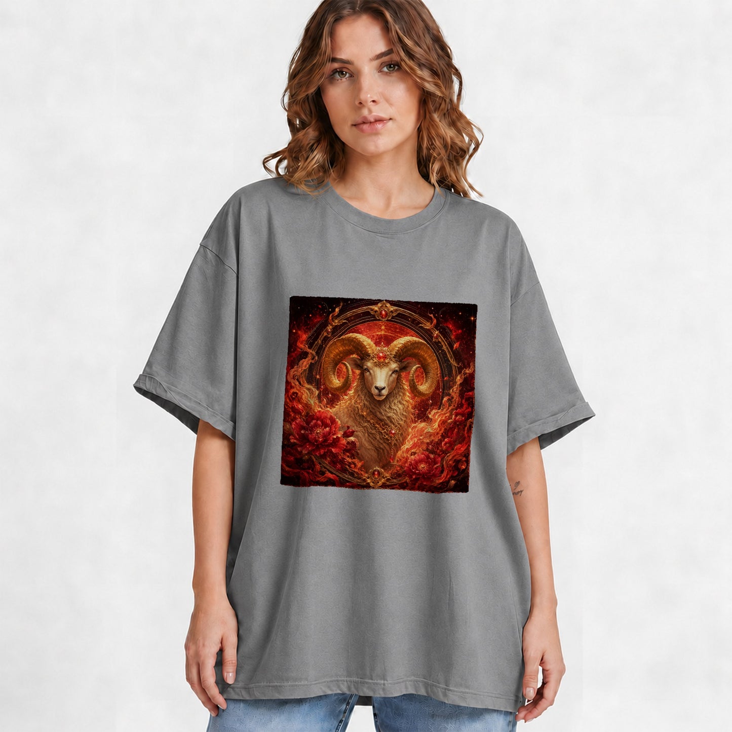 #pl[Gray] Aries Ram Graphic T-Shirt, Fiery Zodiac Celestial Floral Art