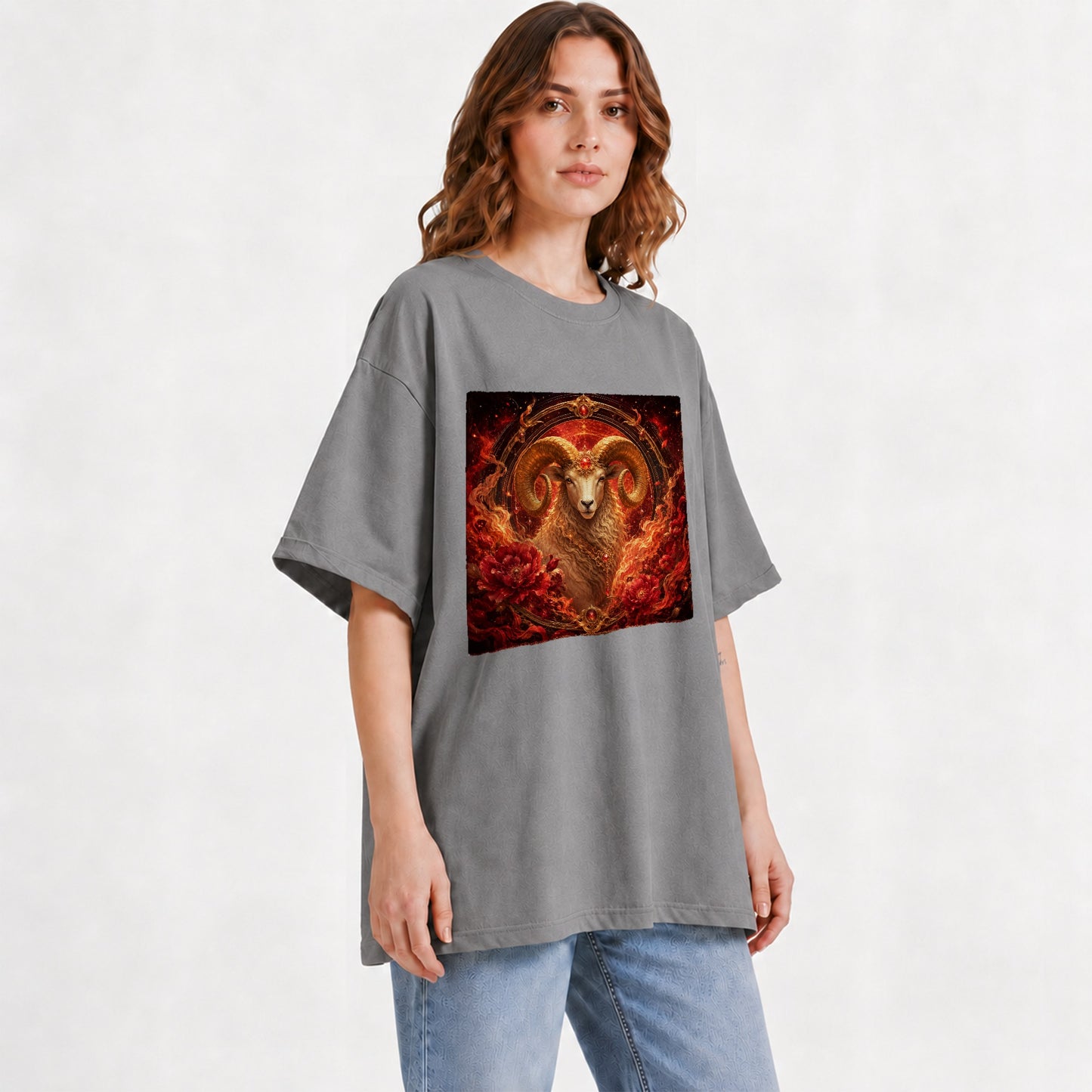 #pl[Gray] Aries Ram Graphic T-Shirt, Fiery Zodiac Celestial Floral Art