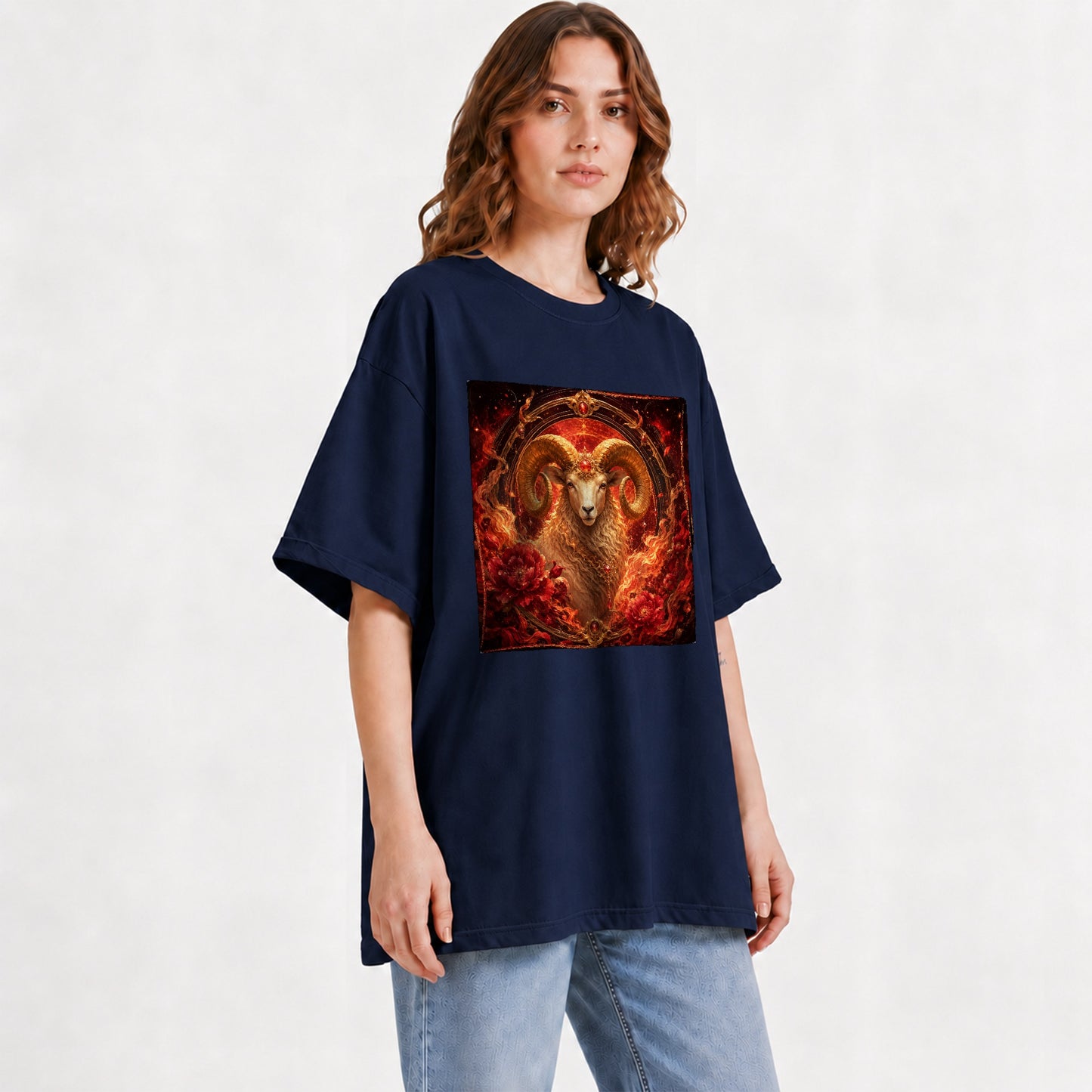 #pl[Navy] Aries Ram Graphic T-Shirt, Fiery Zodiac Celestial Floral Art