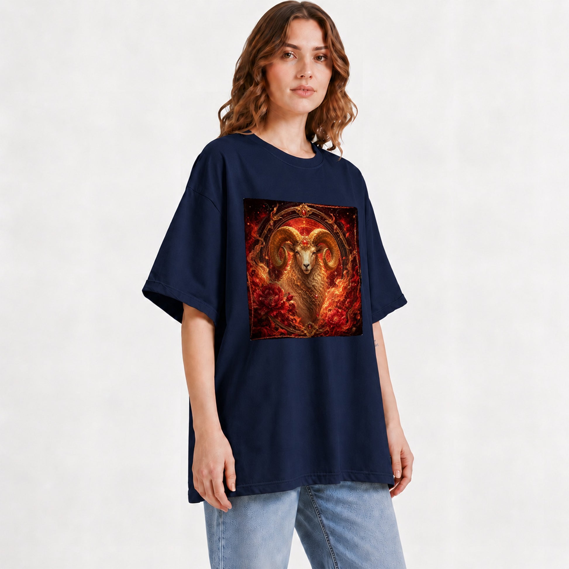 #pl[Navy] Aries Ram Graphic T-Shirt, Fiery Zodiac Celestial Floral Art