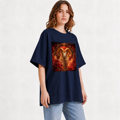 #pl[Navy] Aries Ram Graphic T-Shirt, Fiery Zodiac Celestial Floral Art