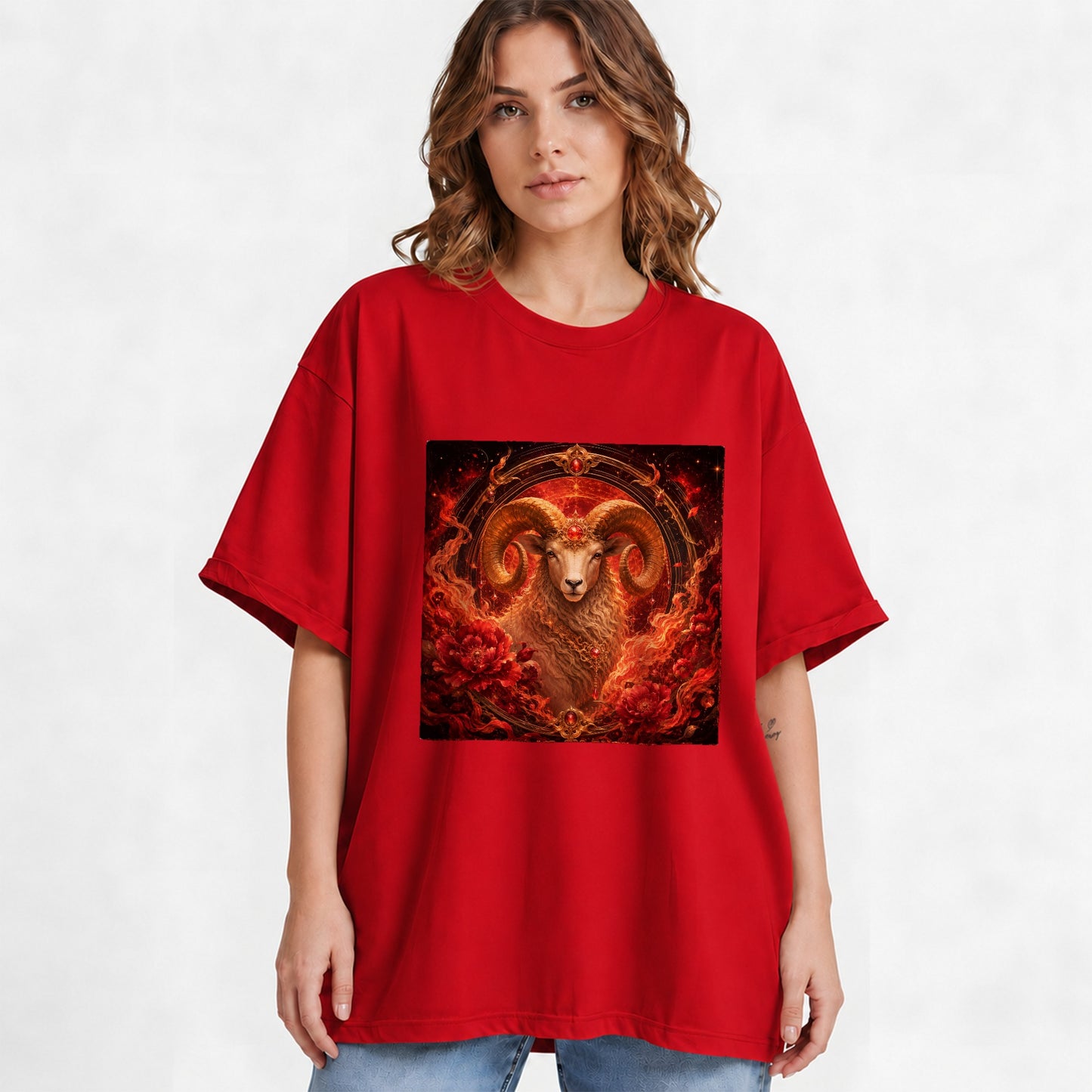#pl[Red] Aries Ram Graphic T-Shirt, Fiery Zodiac Celestial Floral Art