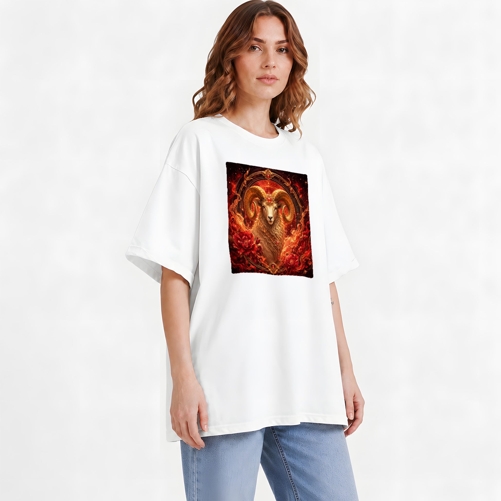 #pl[White] Aries Ram Graphic T-Shirt, Fiery Zodiac Celestial Floral Art