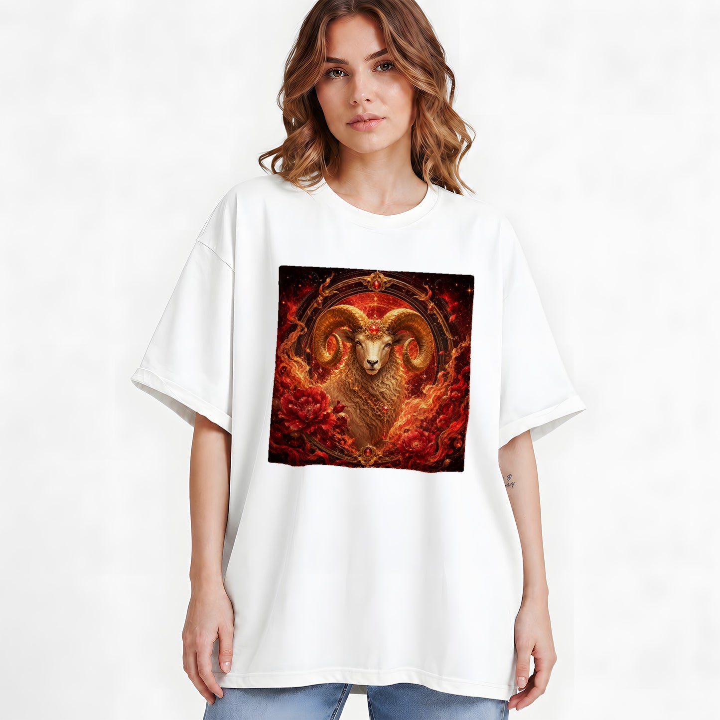 #pl[White] Aries Ram Graphic T-Shirt, Fiery Zodiac Celestial Floral Art