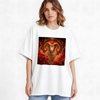 #pl[White] Aries Ram Graphic T-Shirt, Fiery Zodiac Celestial Floral Art