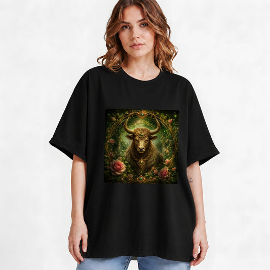 #pl[Black] Taurus Bull Graphic T-Shirt, Earth Zodiac Rose Celestial Art